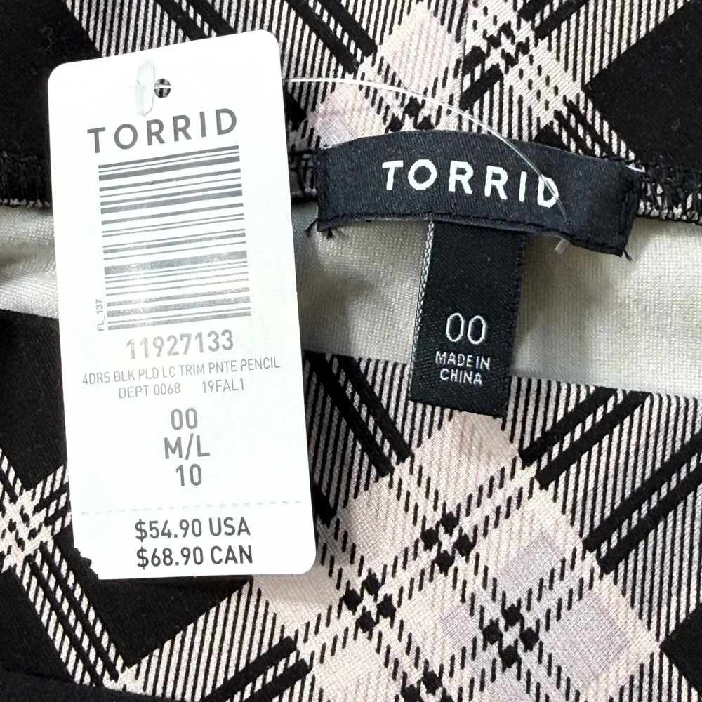 Torrid Ponte Knit Plaid Pencil Midi Skirt Lace Trim‎ Black Pink Womens 10